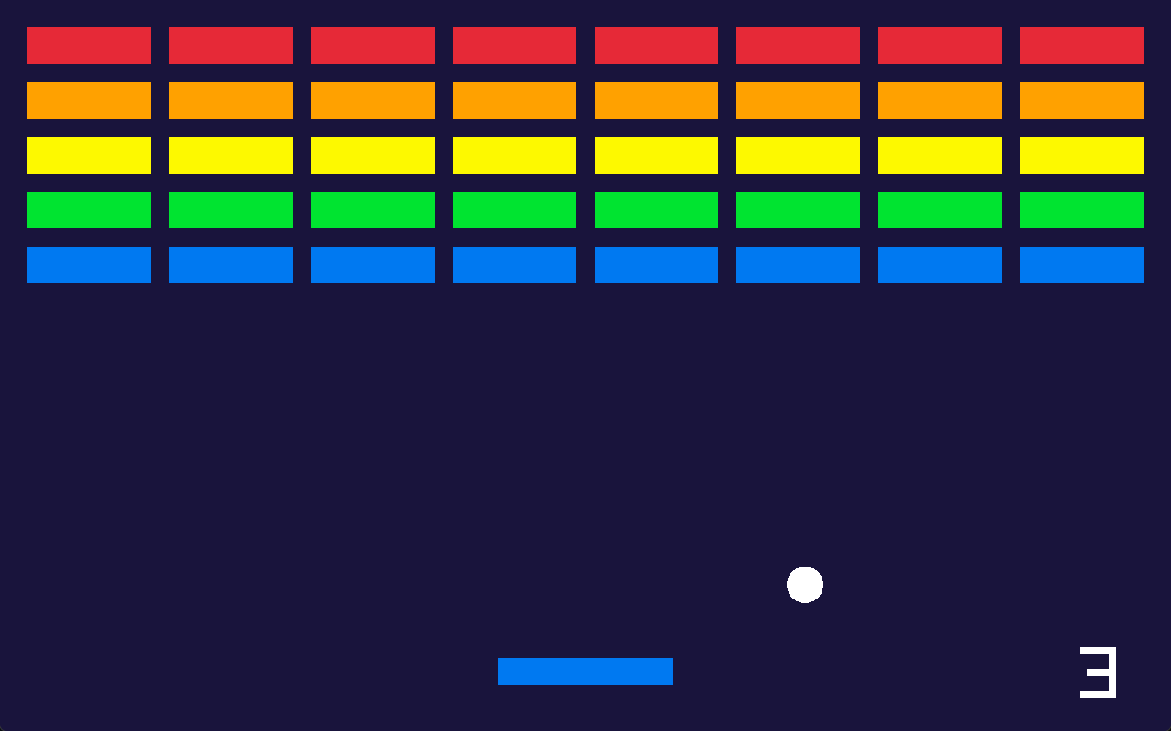 Actual Breakout++ gameplay with colorful bricks, a blue paddle, and three lives