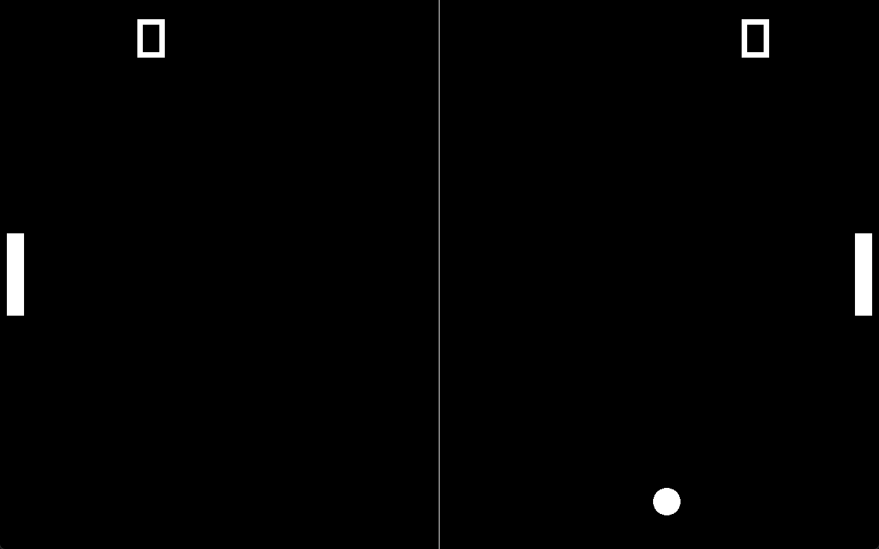 Actual Pong++ gameplay with two paddles, a moving ball, and the score