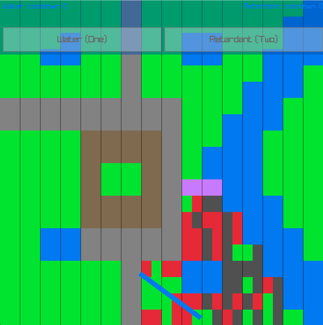 Wildfire Simulator gameplay showing a grid-based map with trees, buildings, and spreading fire
